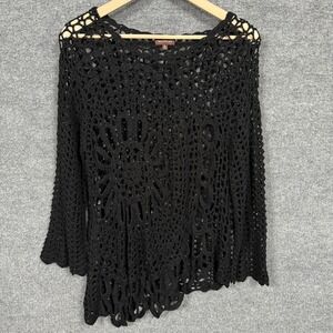 Multiples Sz XL Top Black Open Crochet Asymmetrical Whimsigoth Bell Sleeve Fairy